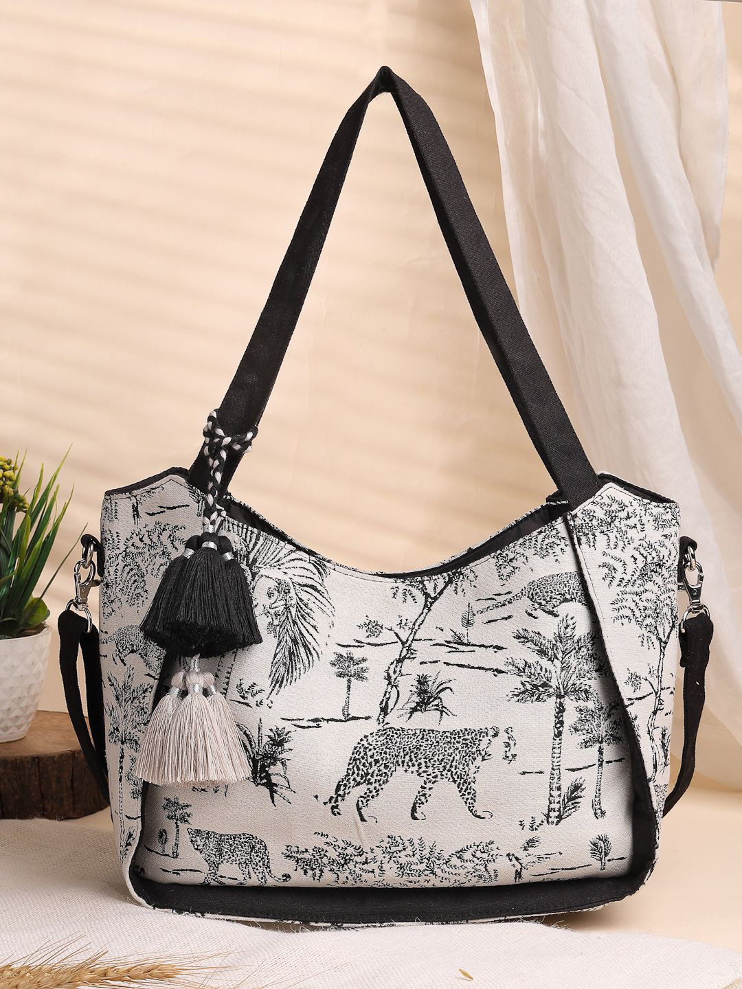 Anekaant Jungle Self Design Tasselled Structured Toile Cotton Jacquard Tote Bag