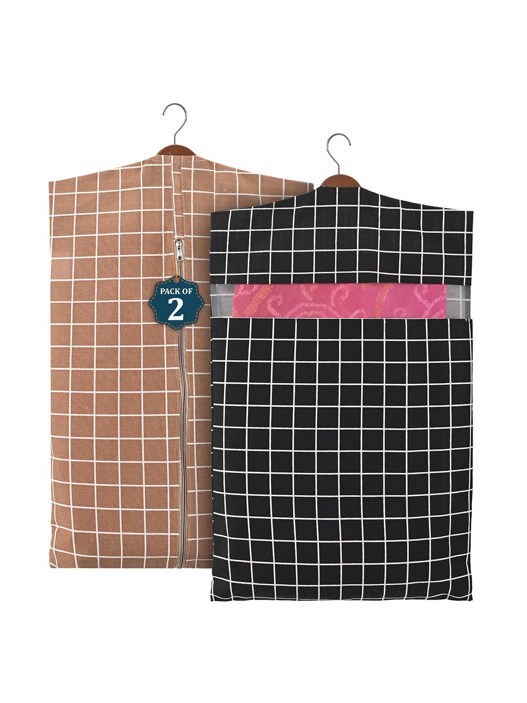 Kuber Industries Brown Set of 2 Checked Mesh Cotton Multi-Utility Hanging Organisers