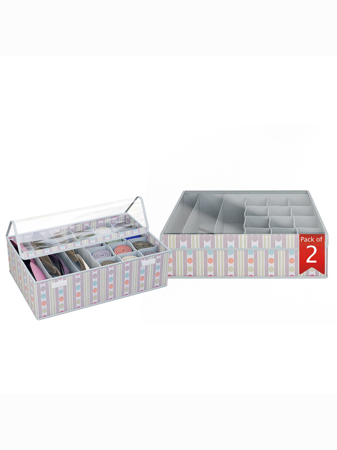 Kuber Industries Grey Pack of 2 Striped Foldable Socks Organizer With Transparent Lid