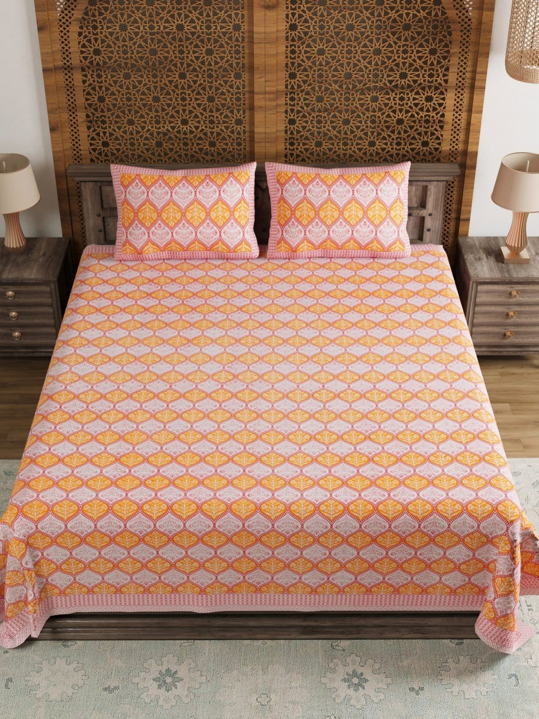 Myntra Elegant Homes Pink Ethnic Motifs Cotton 210 TC King Fine Bedsheet with 2 Pillow Covers-230 x 230 inches