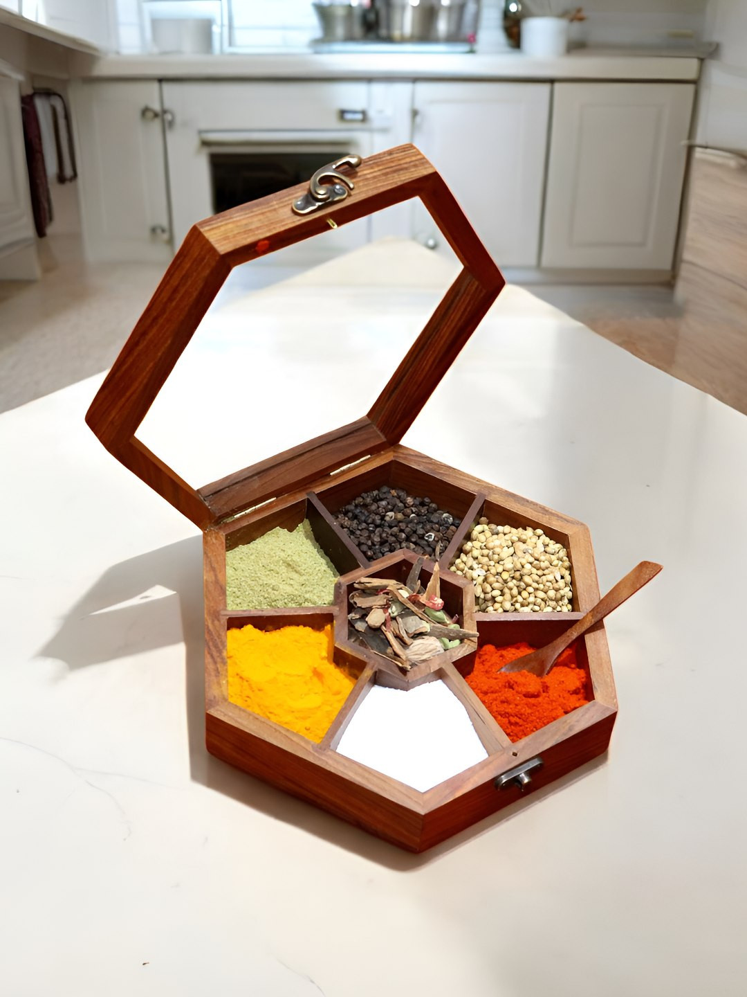 Creation India Craft Brown Easy to Clean Wooden Spice Box