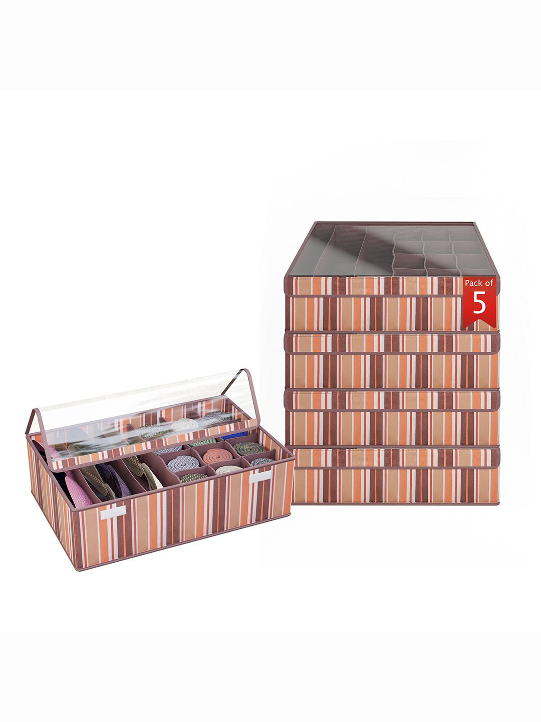 Kuber Industries Brown Pack of 5 Striped Foldable Socks Organizer With Transparent Lid