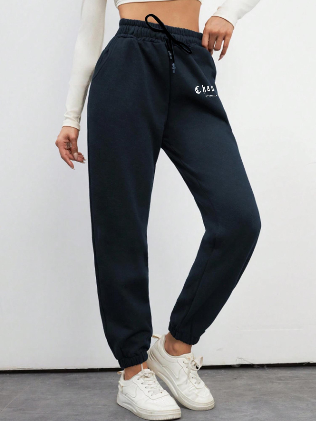 Navy Blue Relaxed Fit Solid Joggers for Women