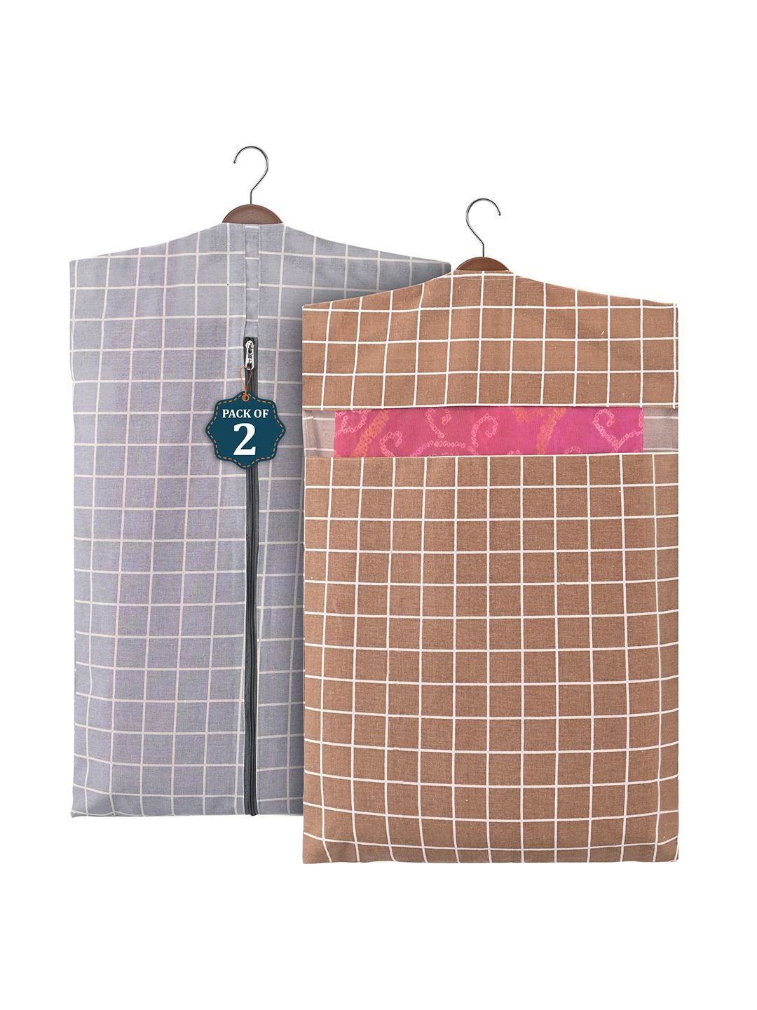 Kuber Industries Grey & Brown 2Pieces Checked Mesh Cotton Hanging Saree Storage Organisers