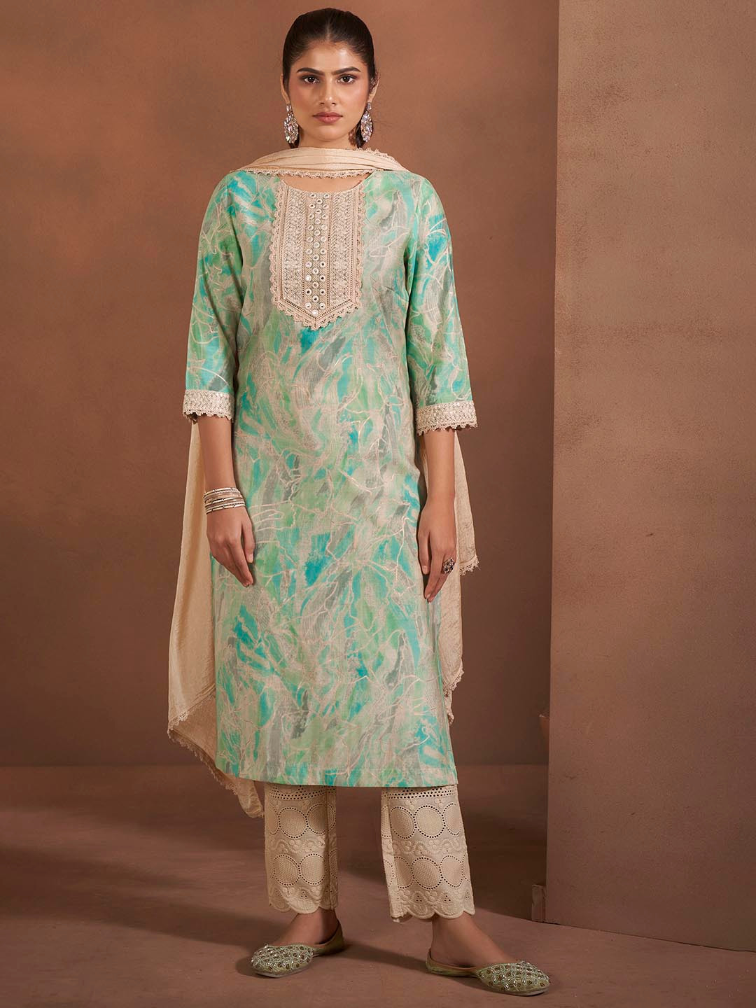 Anouk Abstract Printed Patch Work Chanderi Silk Kurta With Trouser And Dupatta