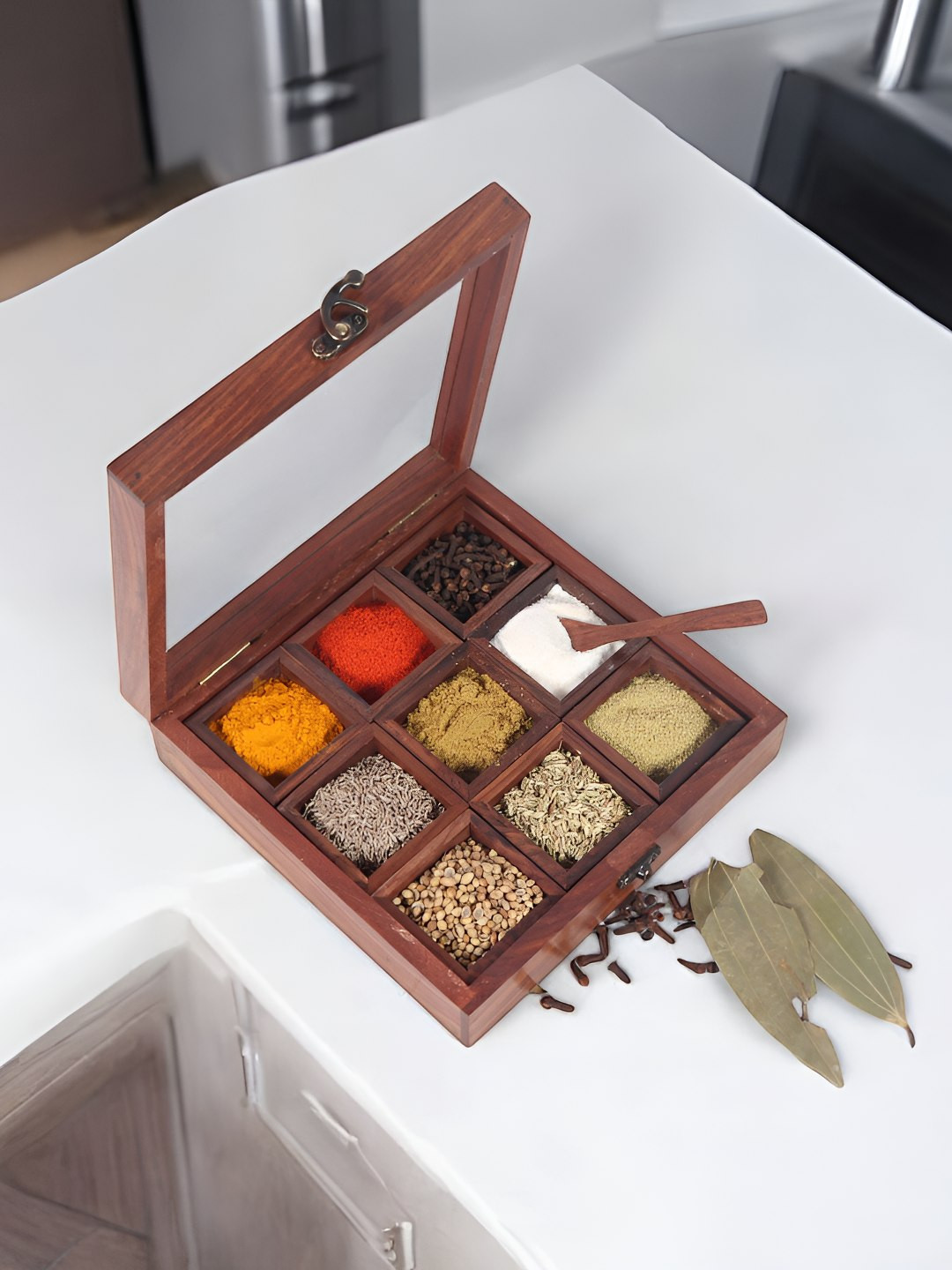 Creation India Craft Brown Easy to Clean Wooden Spice Box