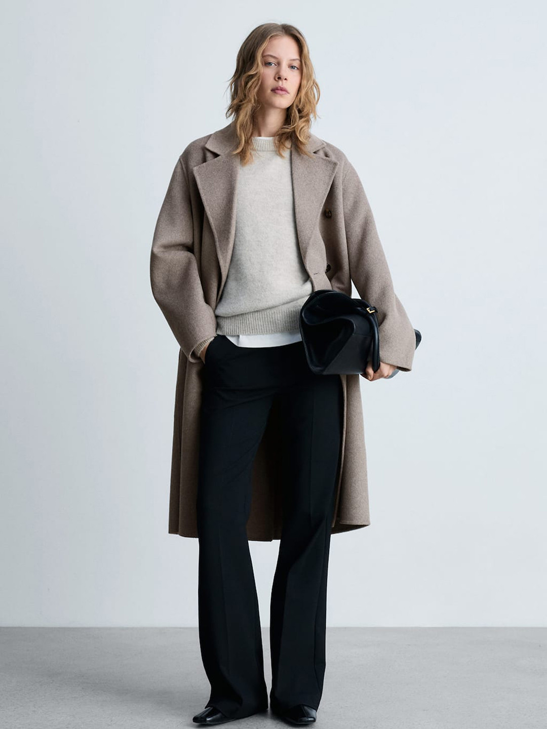 MANGO Notched Lapel Collar Oversized Double-Breasted Handmade Longline Overcoat