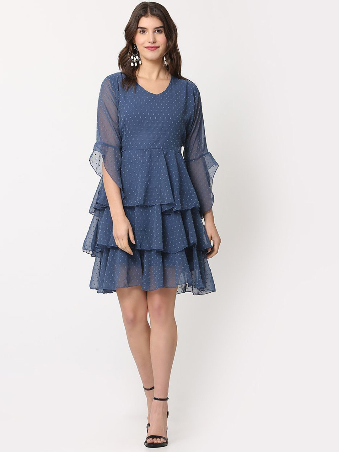 FLOREOS Bell Sleeve Layered Georgette Fit & Flare Dress