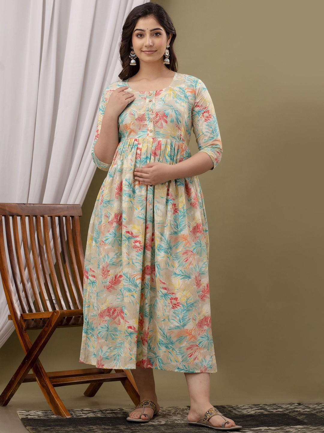 FEMARY Women Floral Printed Cotton Maternity Gown Maxi Dress