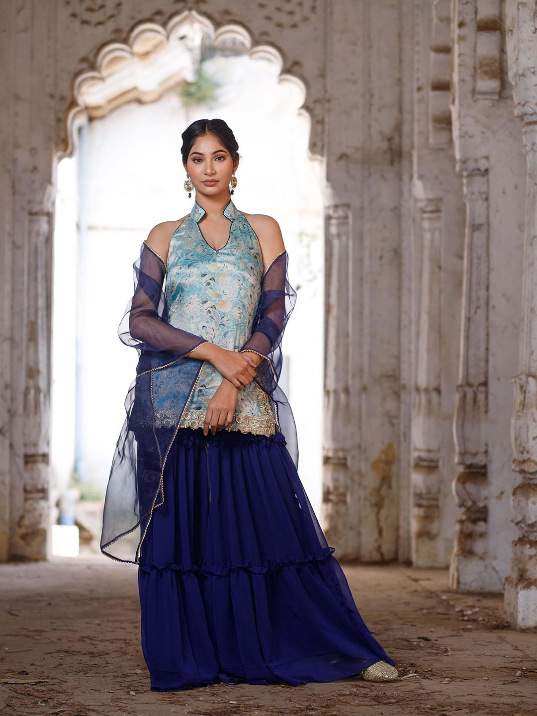 Salvia Sky Floral Printed Halter Neck Kurti With Skirt & Dupatta