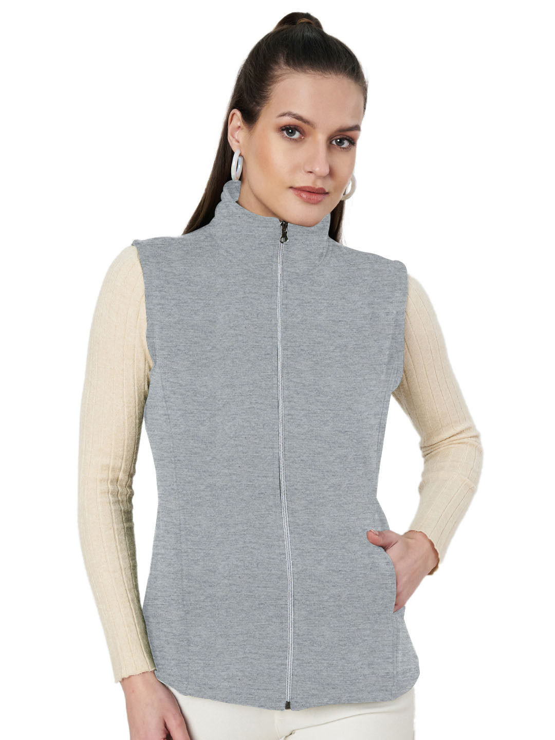 BRINNS Women Mock Collar Solid Fleece Casual Gilet Jacket