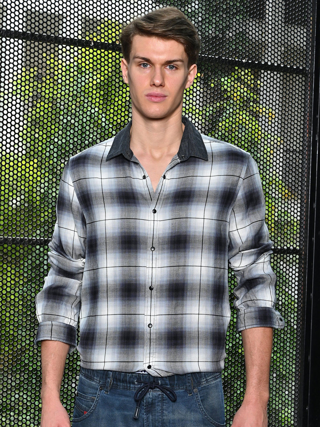 POE Men Gracie - Check Shirt With Denim Collar - Grey