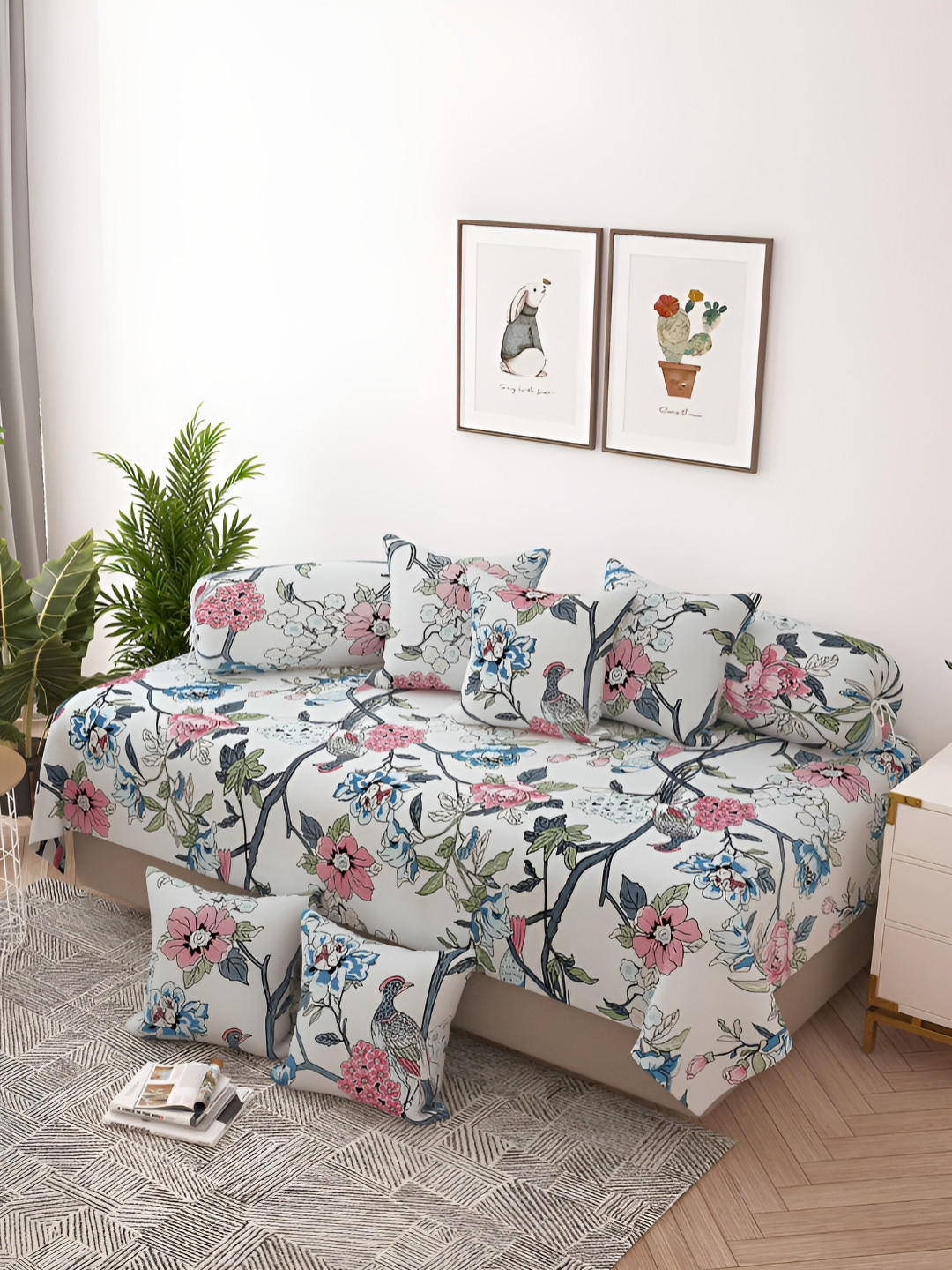 Story@home White & Pink 8 Pieces Floral Printed Satin Finish Diwan Set
