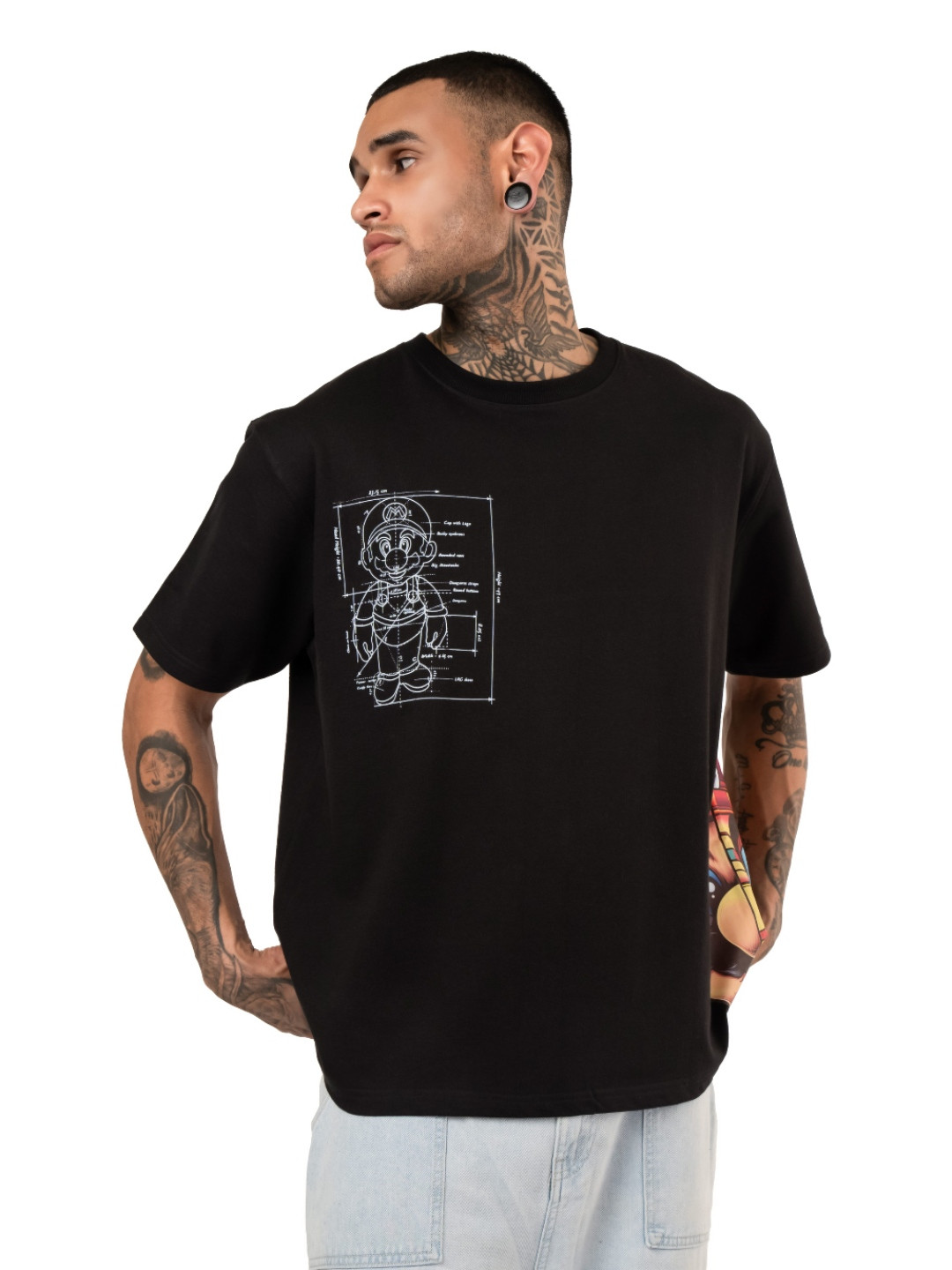 RHINO CULT Men Super Mario Graphic Printed Round Neck Cotton Oversized T-shirt