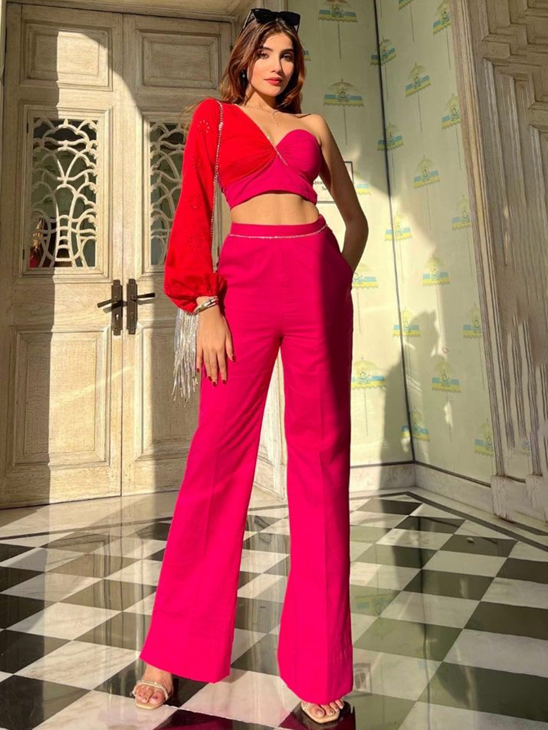 LABEL ADITI HUNDIA Berry-Blush One Shoulder Top With Palazzos