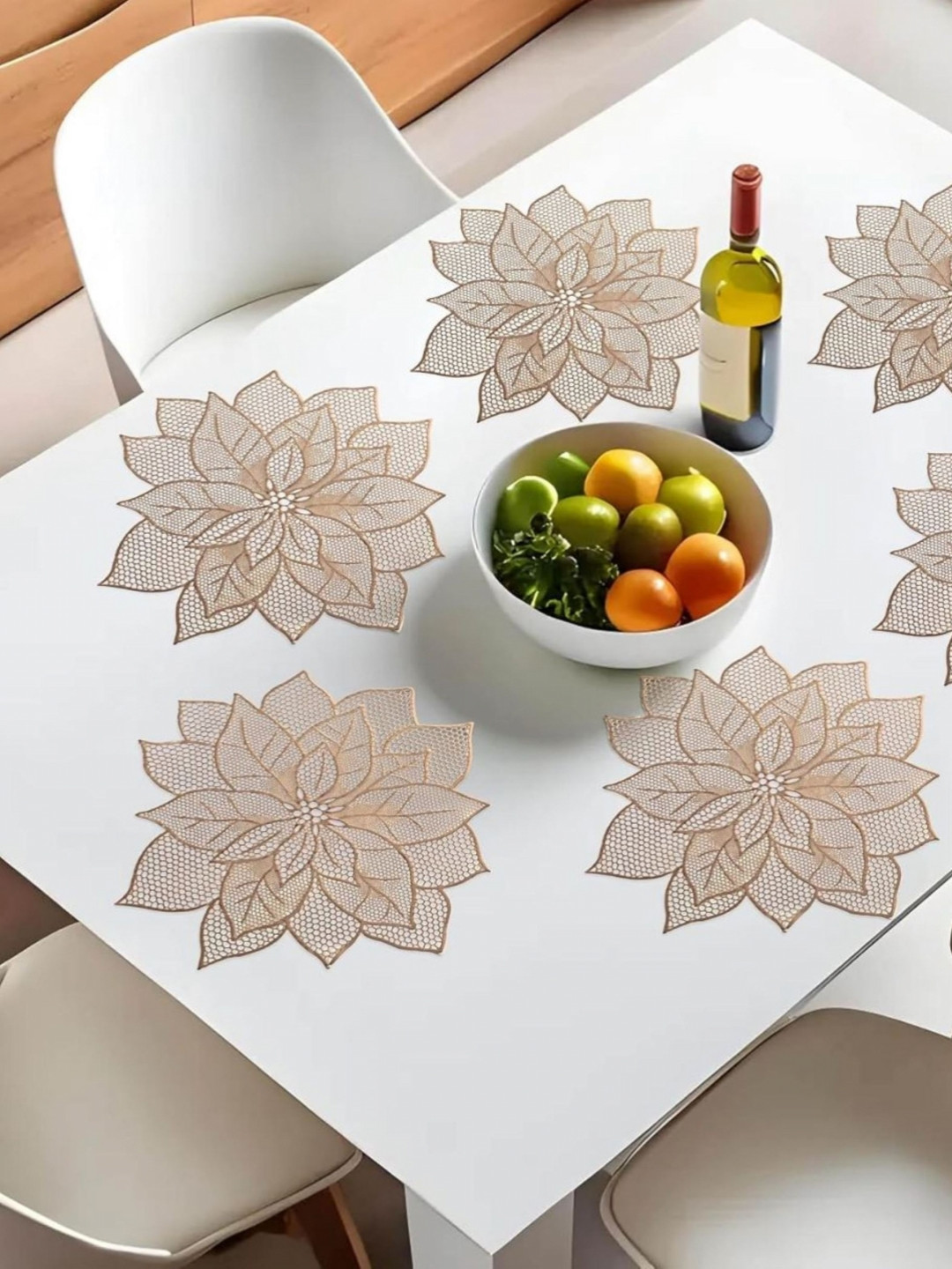 TANLOOMS Gold-Toned 6 Pieces Flower Cut Work Design Rexine Table Placemats