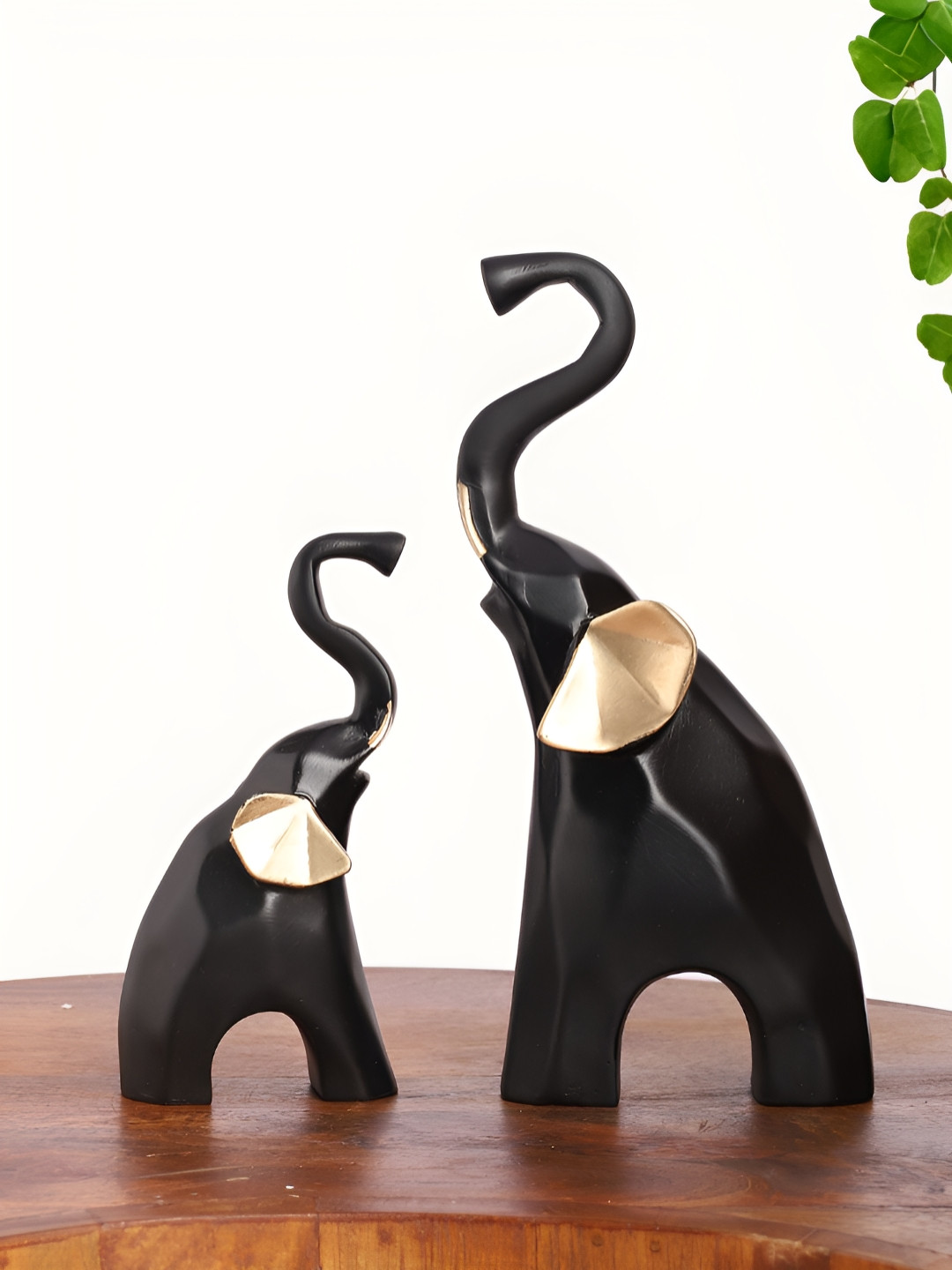 INTERNATIONAL GIFT Modern Elephant Black Polyresin Glossy Garden Set of 2 Small Showpieces - 8 Inches