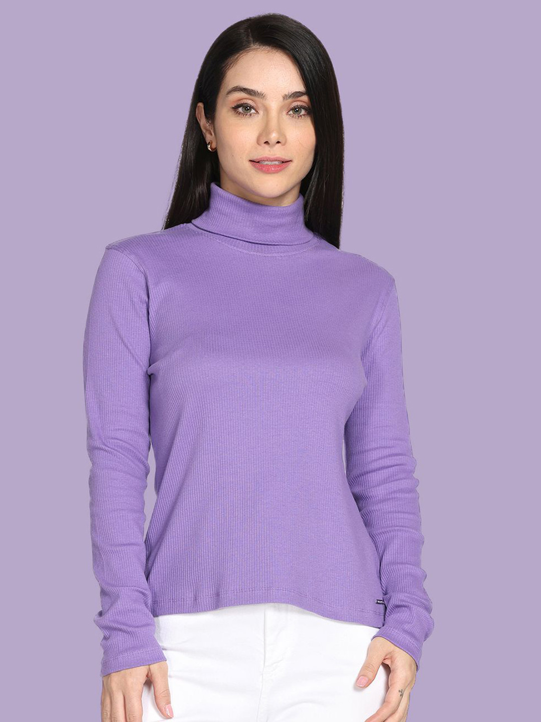 Twin Birds Women Purple Solid Full Sleeve Turtleneck Ribbed Tee