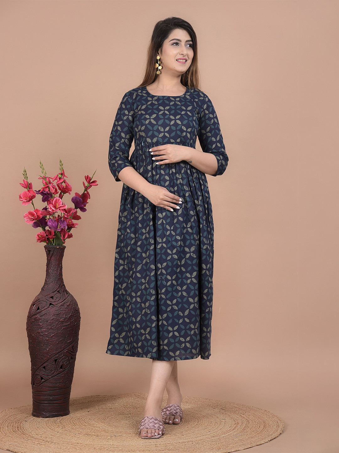 Twirl Tales Women Floral Print Maternity Fit & Flare Midi Dress