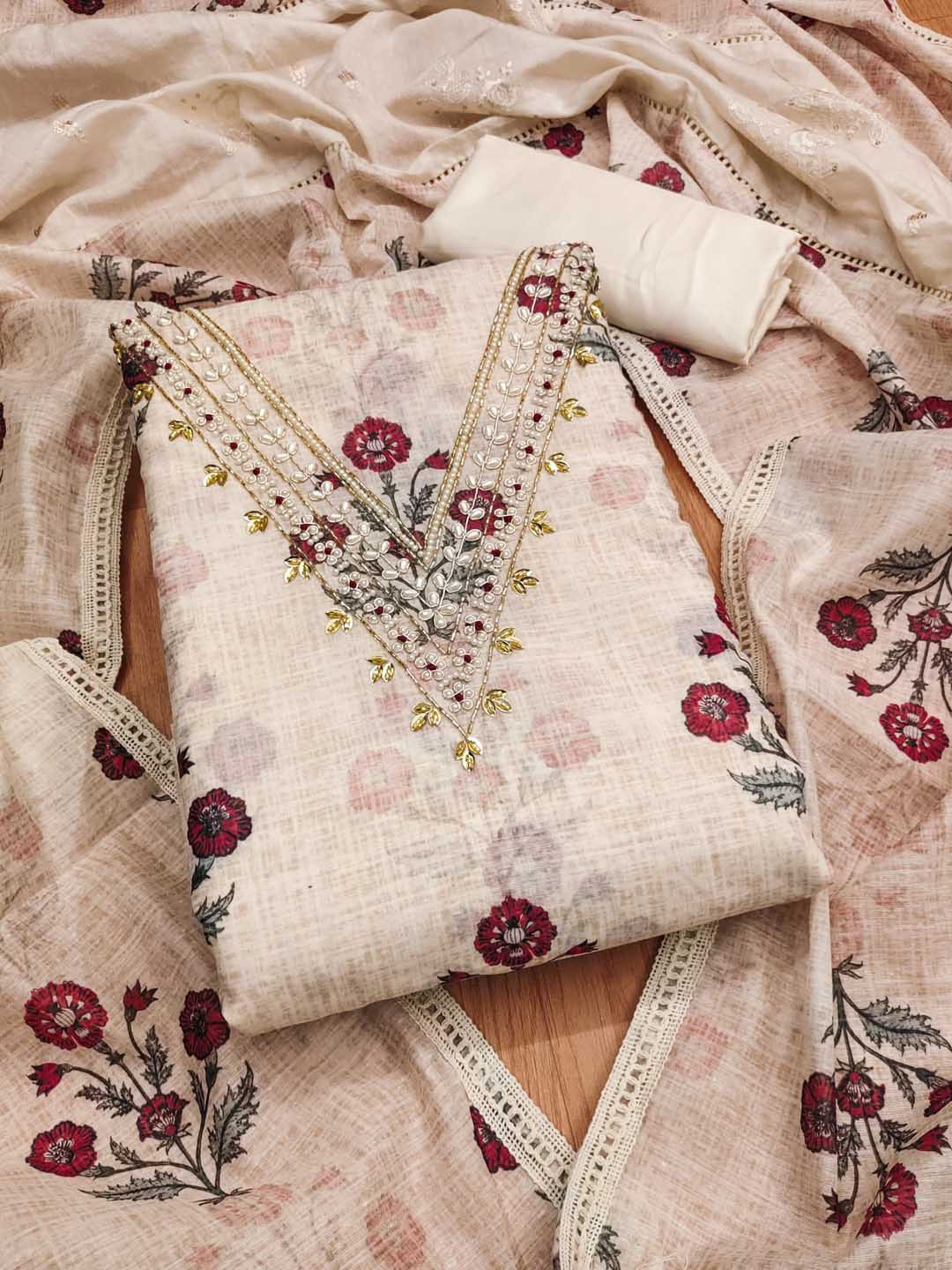 Panzora Flora Printed Beadsed Studded Unstitched Dress Material