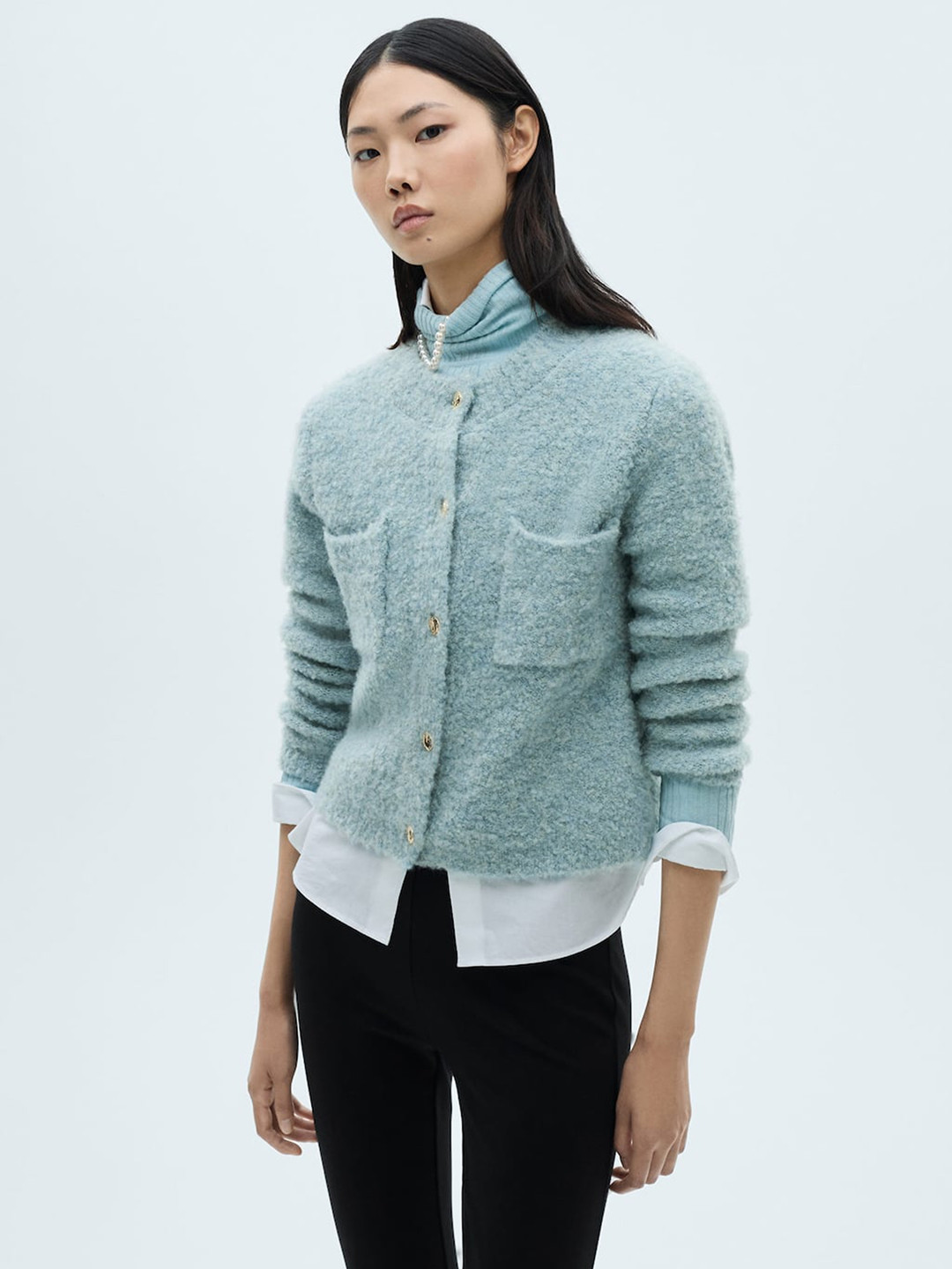 MANGO Boucle Knit Buttoned Cardigan with Pockets