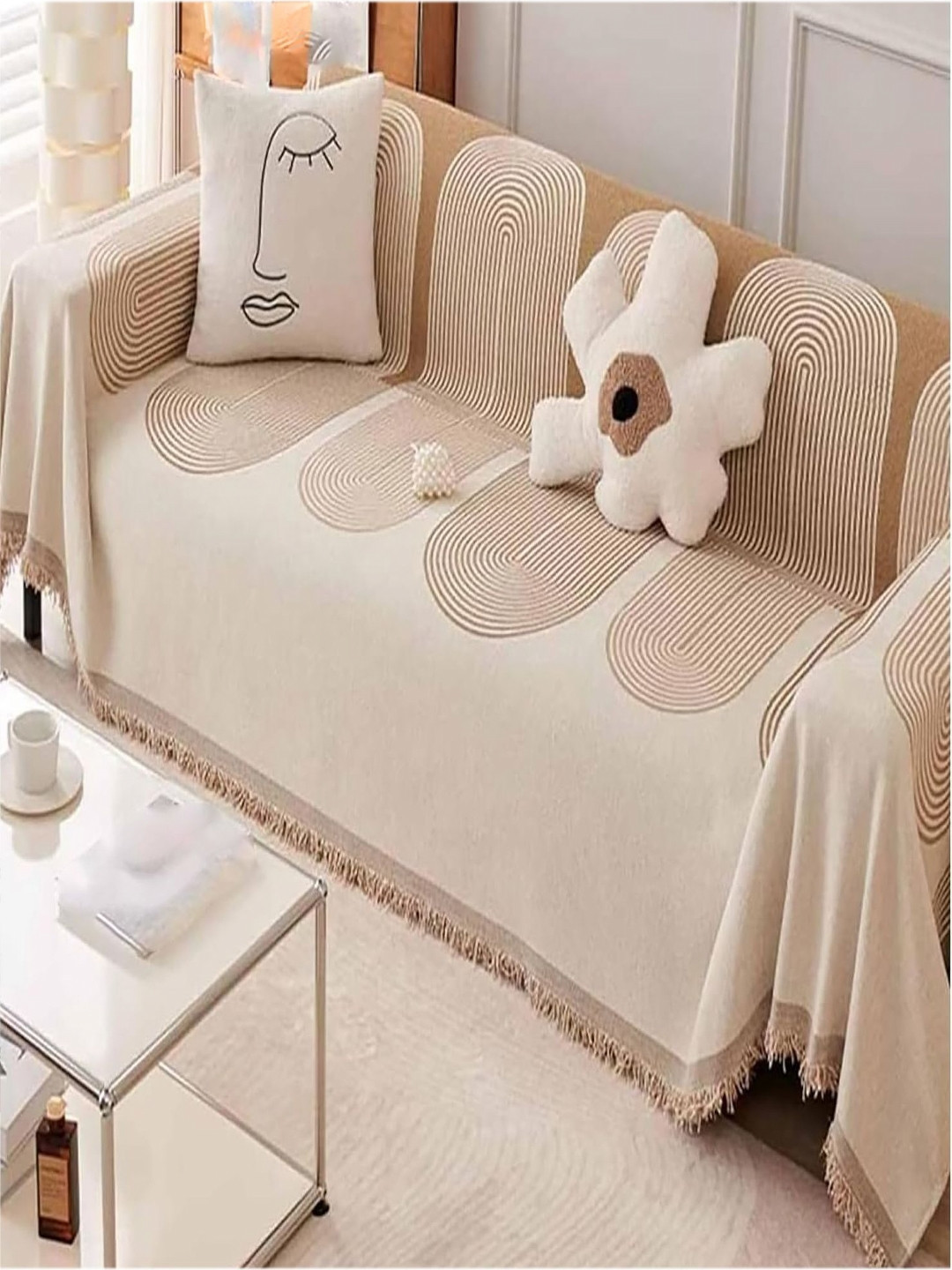 HOUSE OF QUIRK Beige & White Printed Four Seater Sofa Mat Cover With Arms