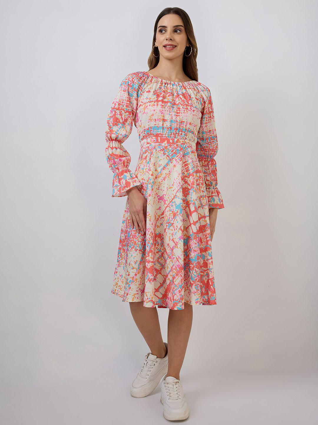 Amarasha Women Bell Sleeve Crepe Fit & Flare Midi Dress