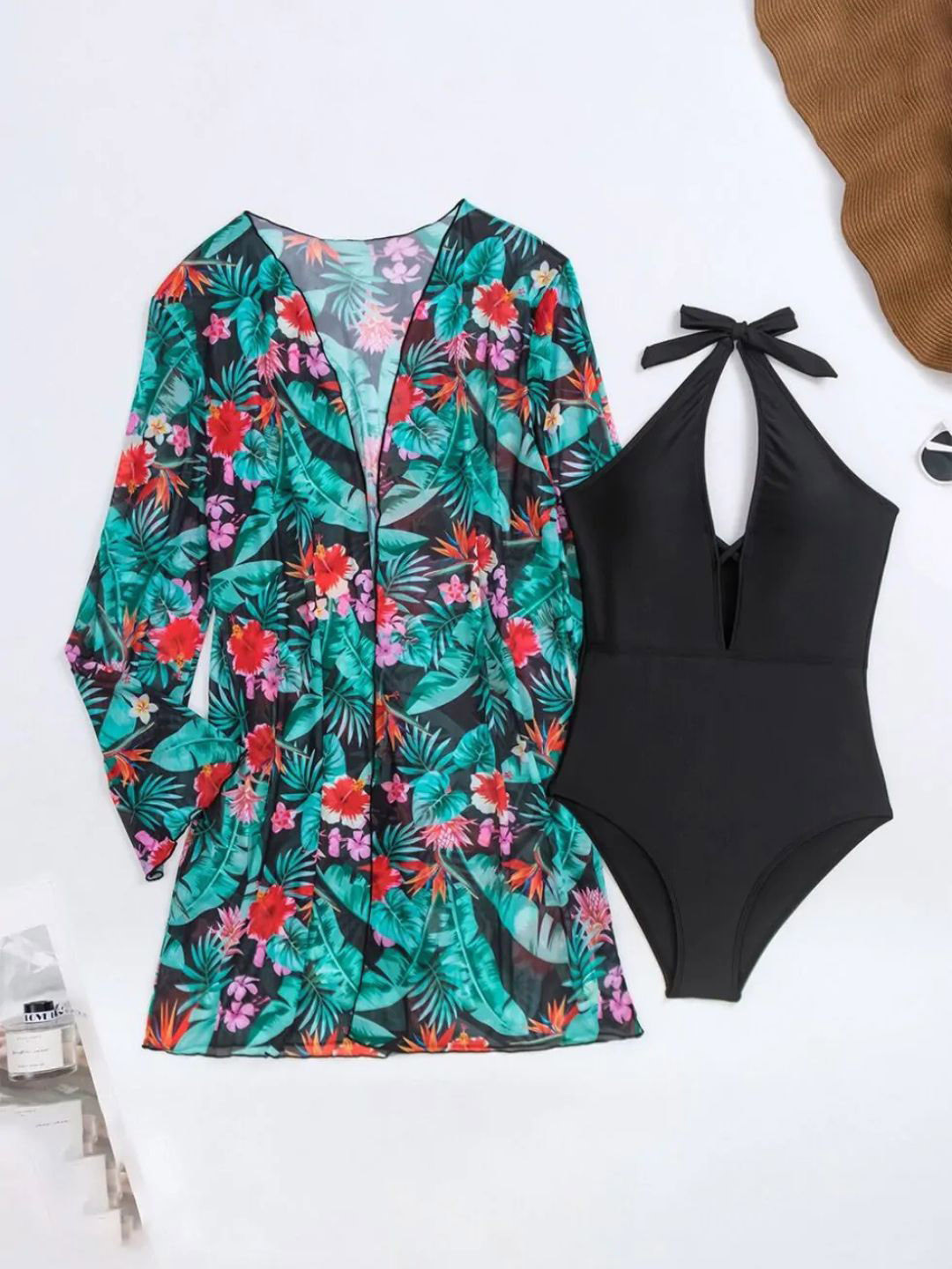 ANGEL CROSHET Women Black Halter Neck Monokini With Floral Beach Coverup