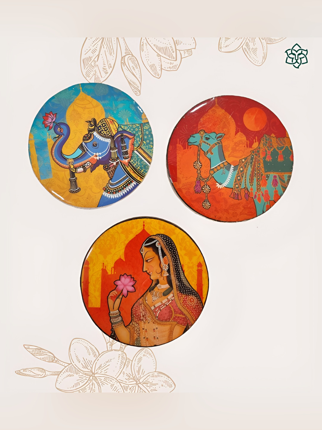 MAATIR DESIGNS 6Pcs Red & Yellow Printed Wooden Round Coasters