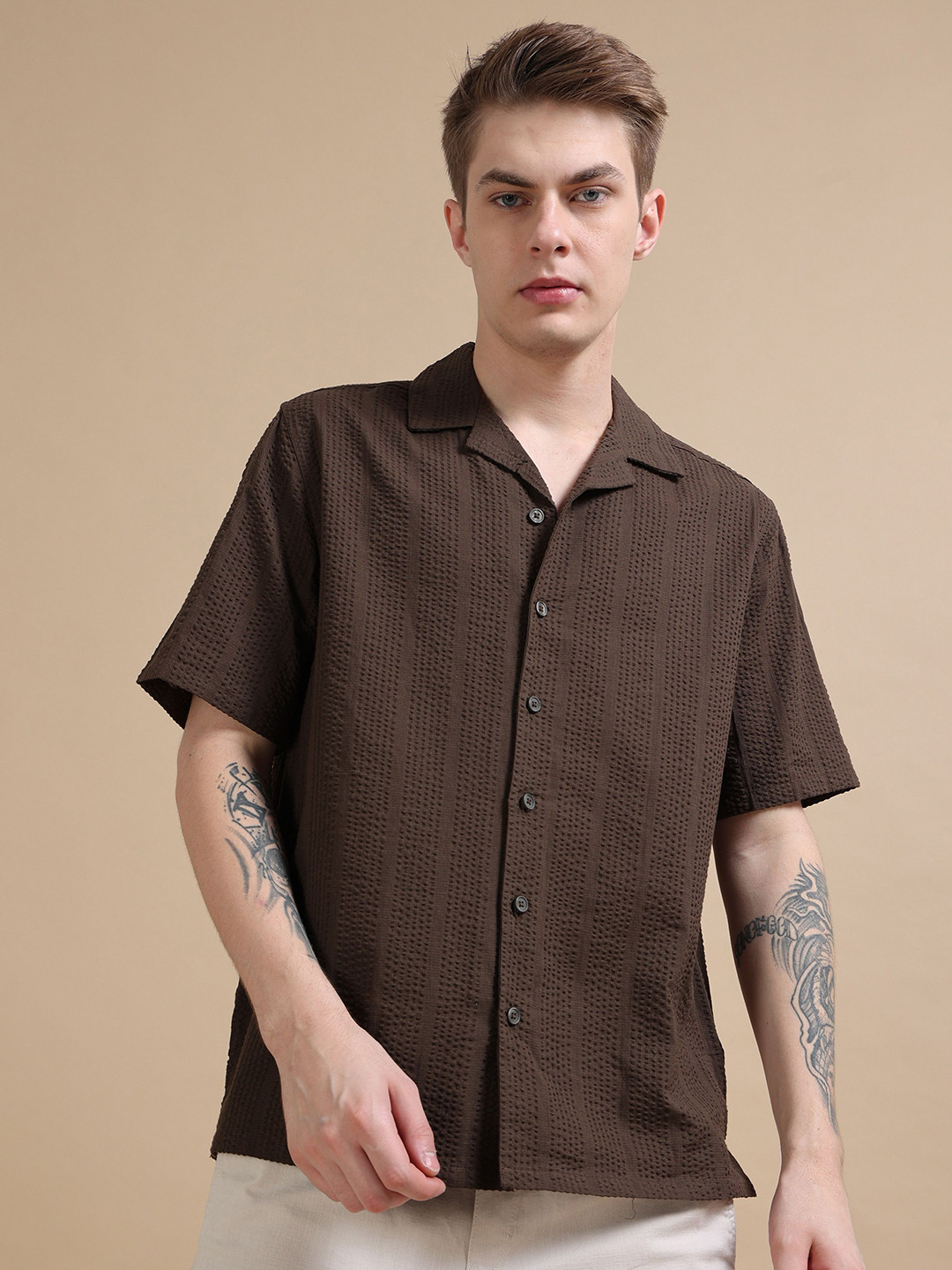 StitchX Men's Half Sleeve Textured Cotton Seersucker Resort Cuban Collar Shirt