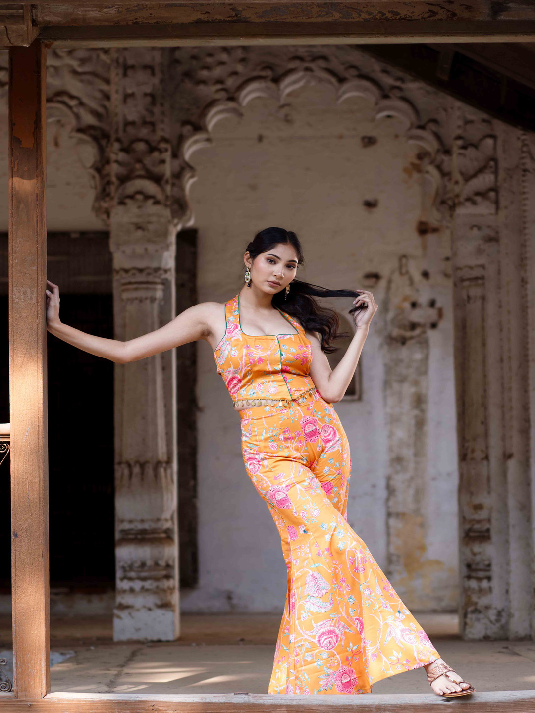 Salvia Sky Floral Printed Halter Neck Corset Top With Sharara