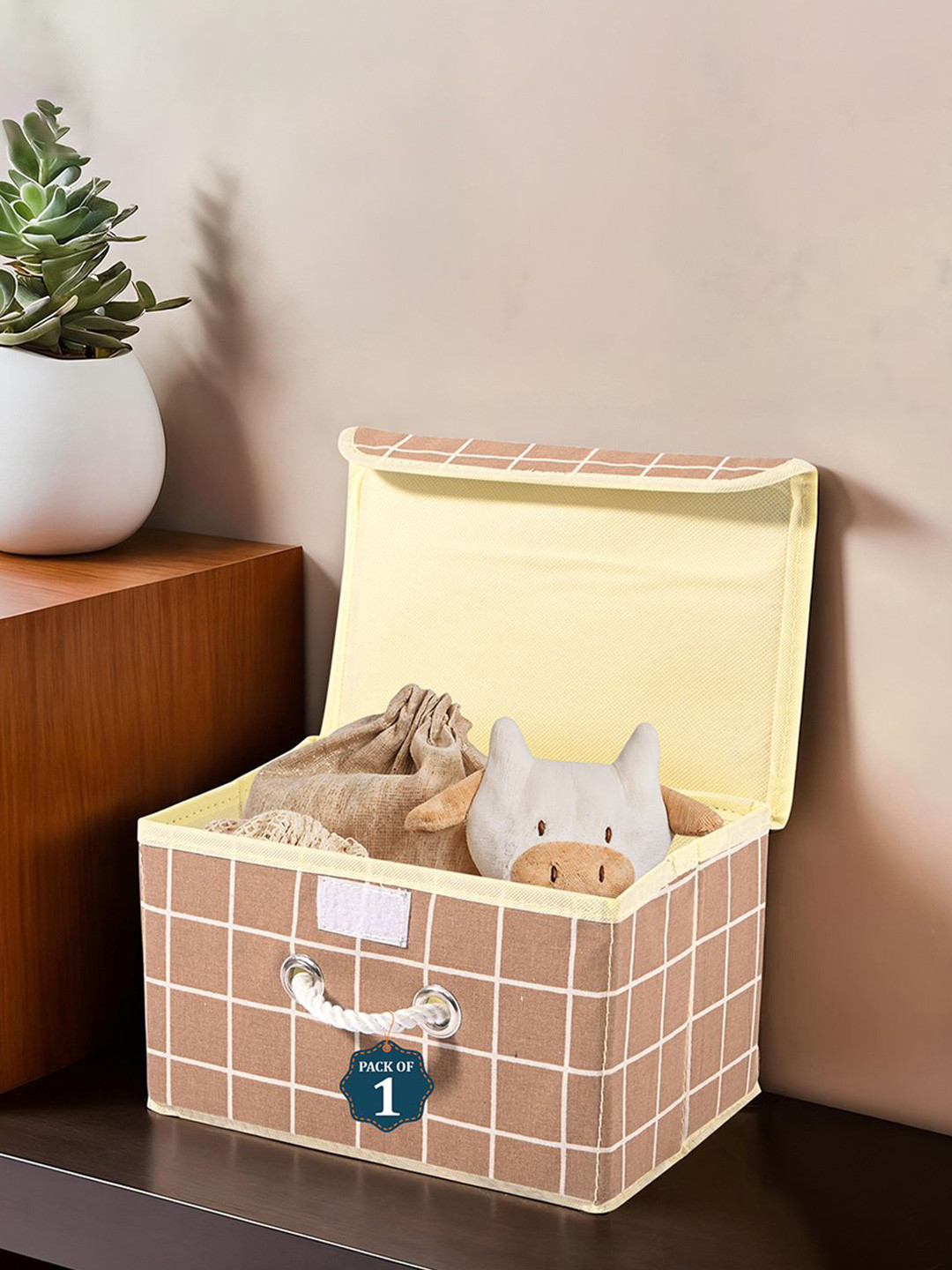 Kuber Industries Brown Checked Multipurpose Medium Storage Box With Lid & Handle