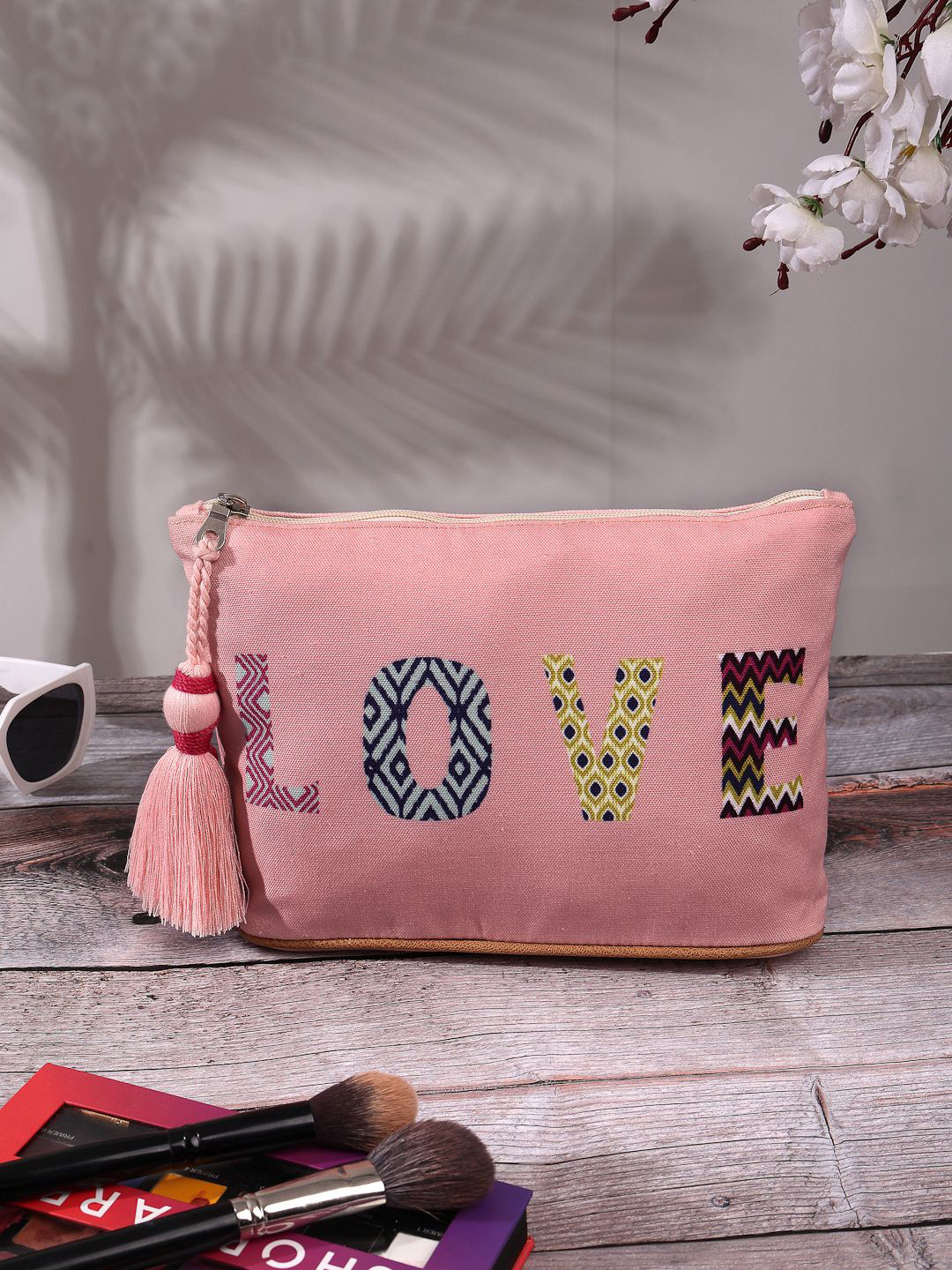 Anekaant Quirky Salmon Pink & Multi Quirky Digital Printed Cotton Canvas Travel Pouch