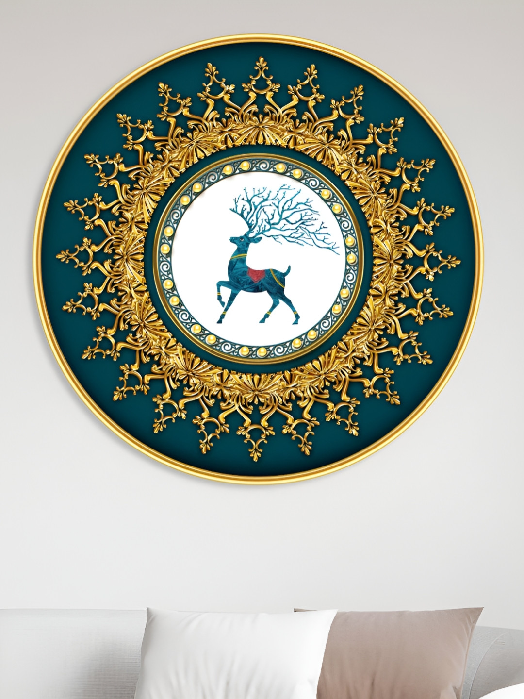 SAF Premium Blue And White Golden Frame Dancing Deer Printed Wall Art