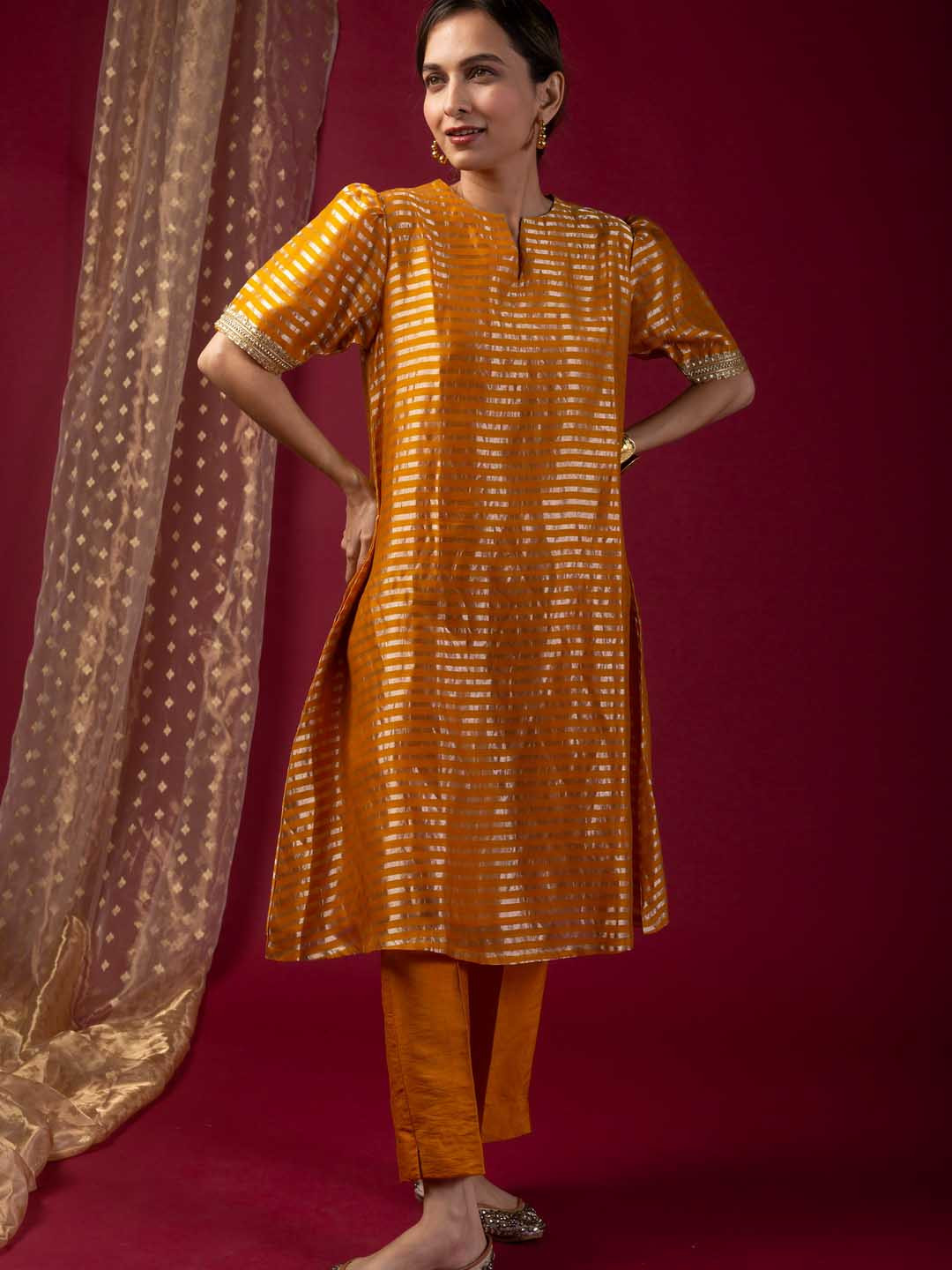 KUSVAA Women Striped Thread Work Brasso Chanderi Silk Kurta