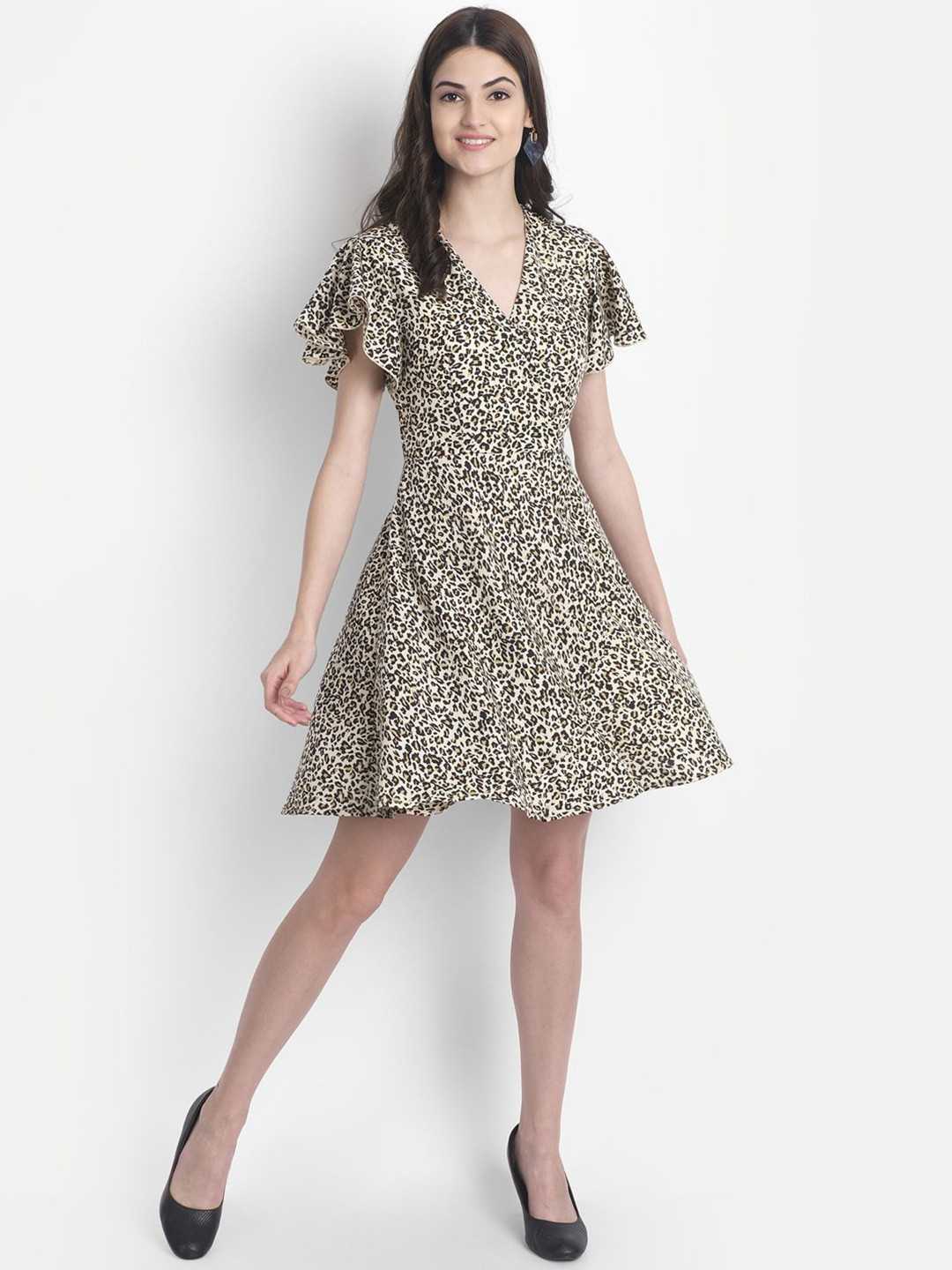 MISS HAUTE Women Animal Print Flared Sleeve Crepe Fit & Flare Dress