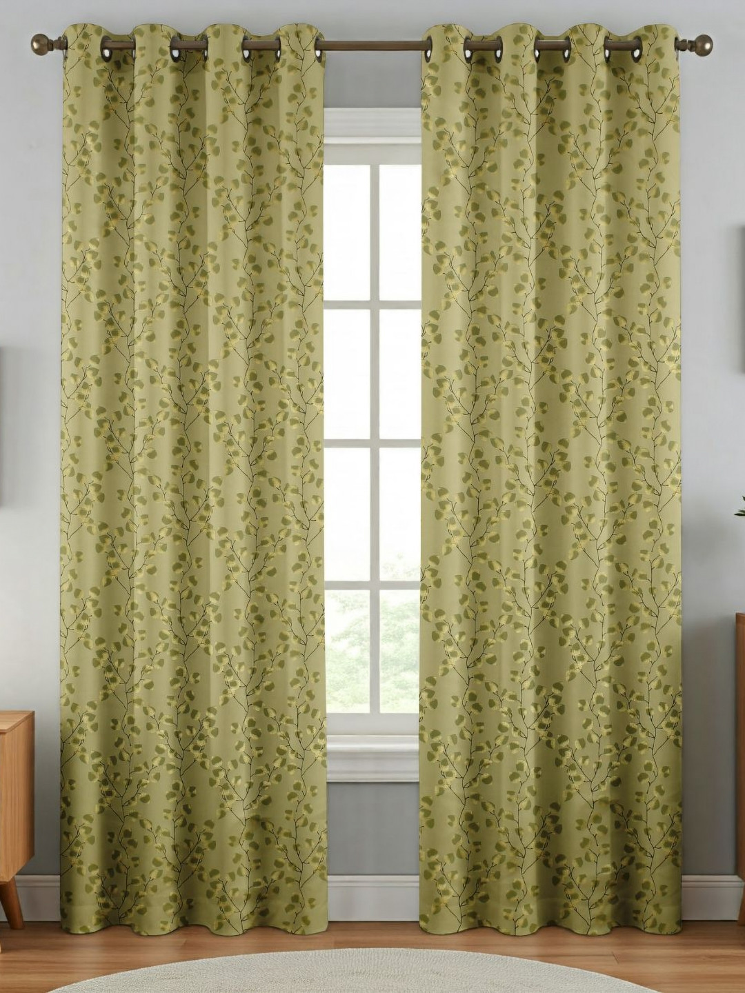 Florida Olive Green & Yellow Floral Printed Black Out Long Door Curtain