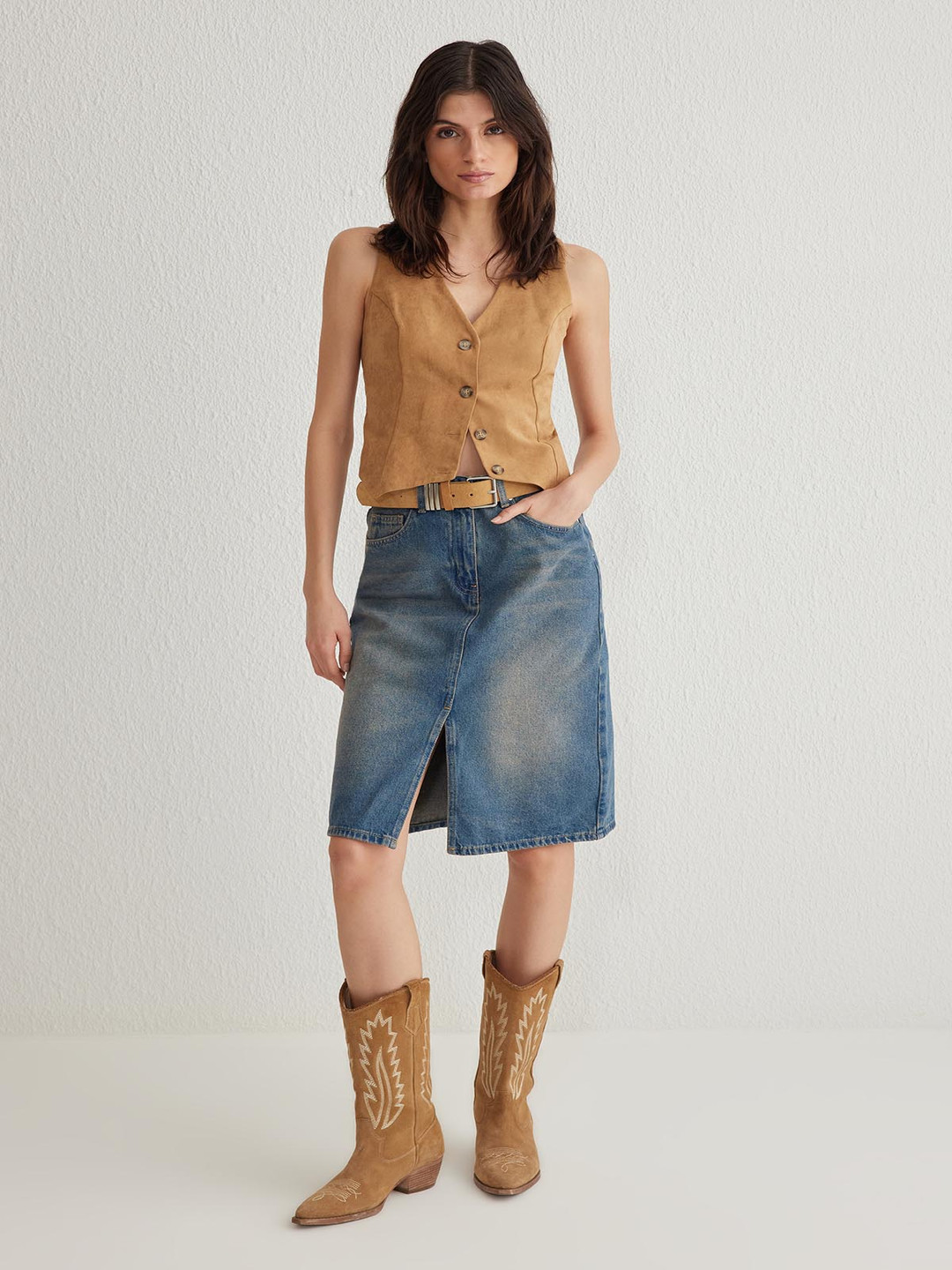 Trendyol Women Washed Front Slit Pure Cotton Denim Midi Skirt