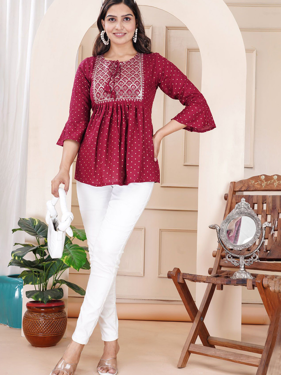 L.H HANDICRAFTS Women Embroidered Bell Sleeves Peplum Top