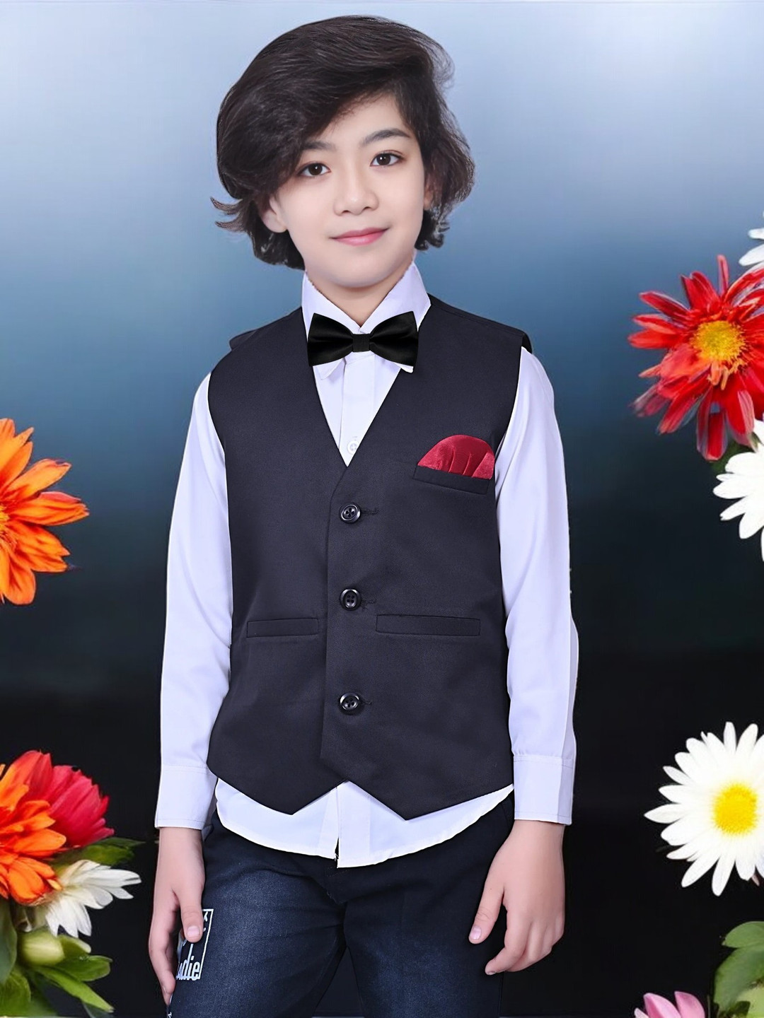 Eliq  V-Neck Waistcoat With Shirt & Bow