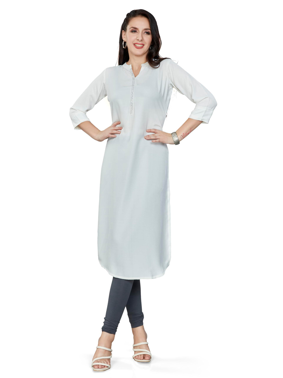 Nioni Swarovski Mandarin Collar Dobby Linen Straight Kurta