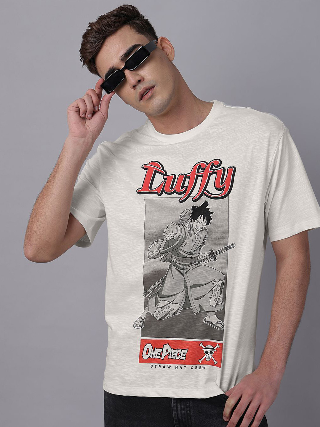 Free Authority Men Luffy Anime Printed Pure Cotton Oversized Fit T-Shirt
