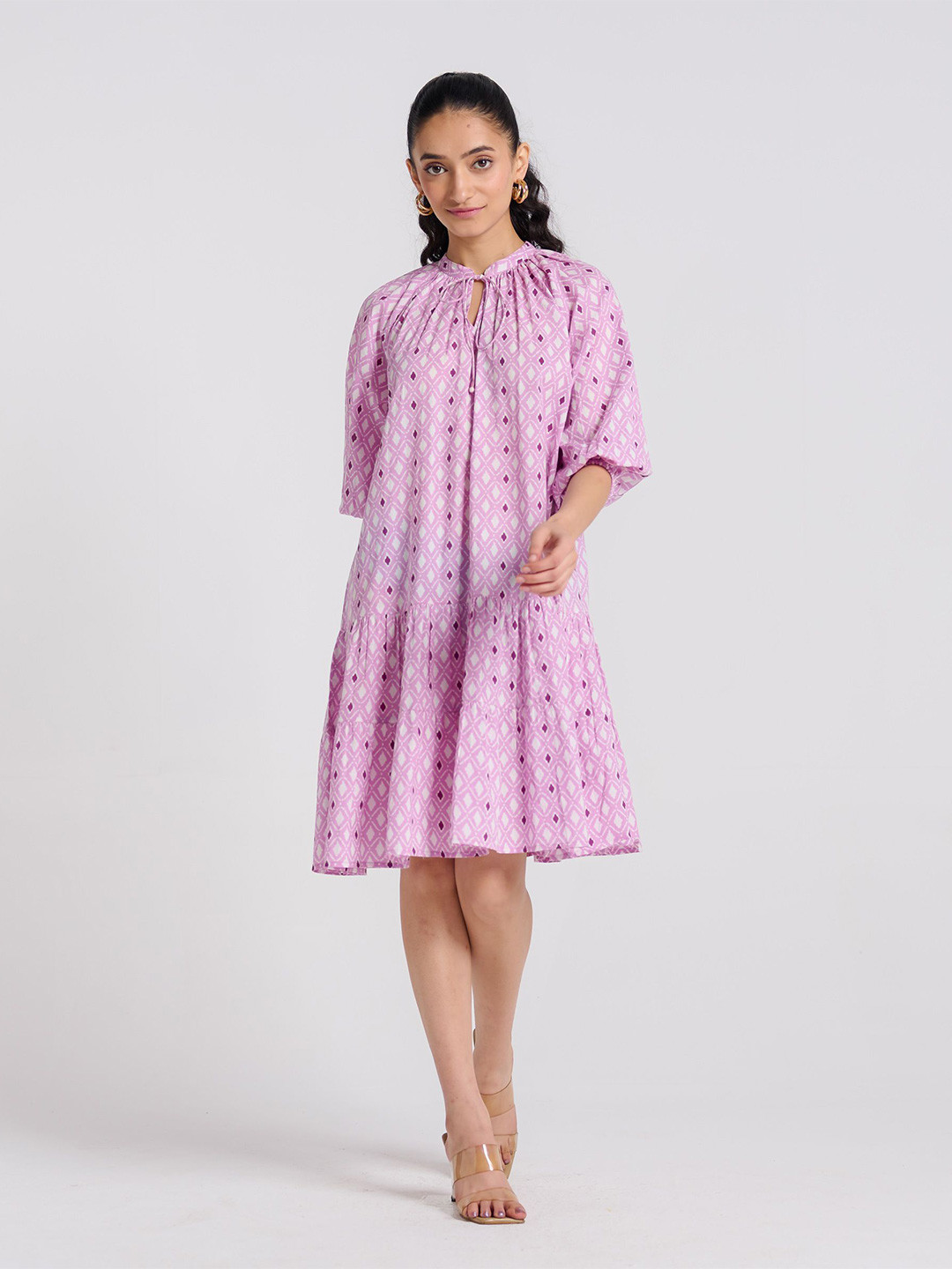 Rustorange Lavender Pure Cotton Tier Dress with Neckline Detail