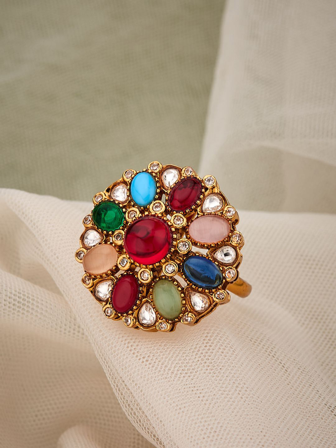 ATIBELLE Gold-Plated Cubic Zircoina Studded Floral Shaped Finger Ring