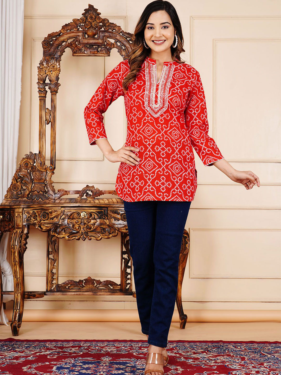 L.H HANDICRAFTS Women Floral Embroidered Mandarin Collar Ethnic Cotton Crop Top
