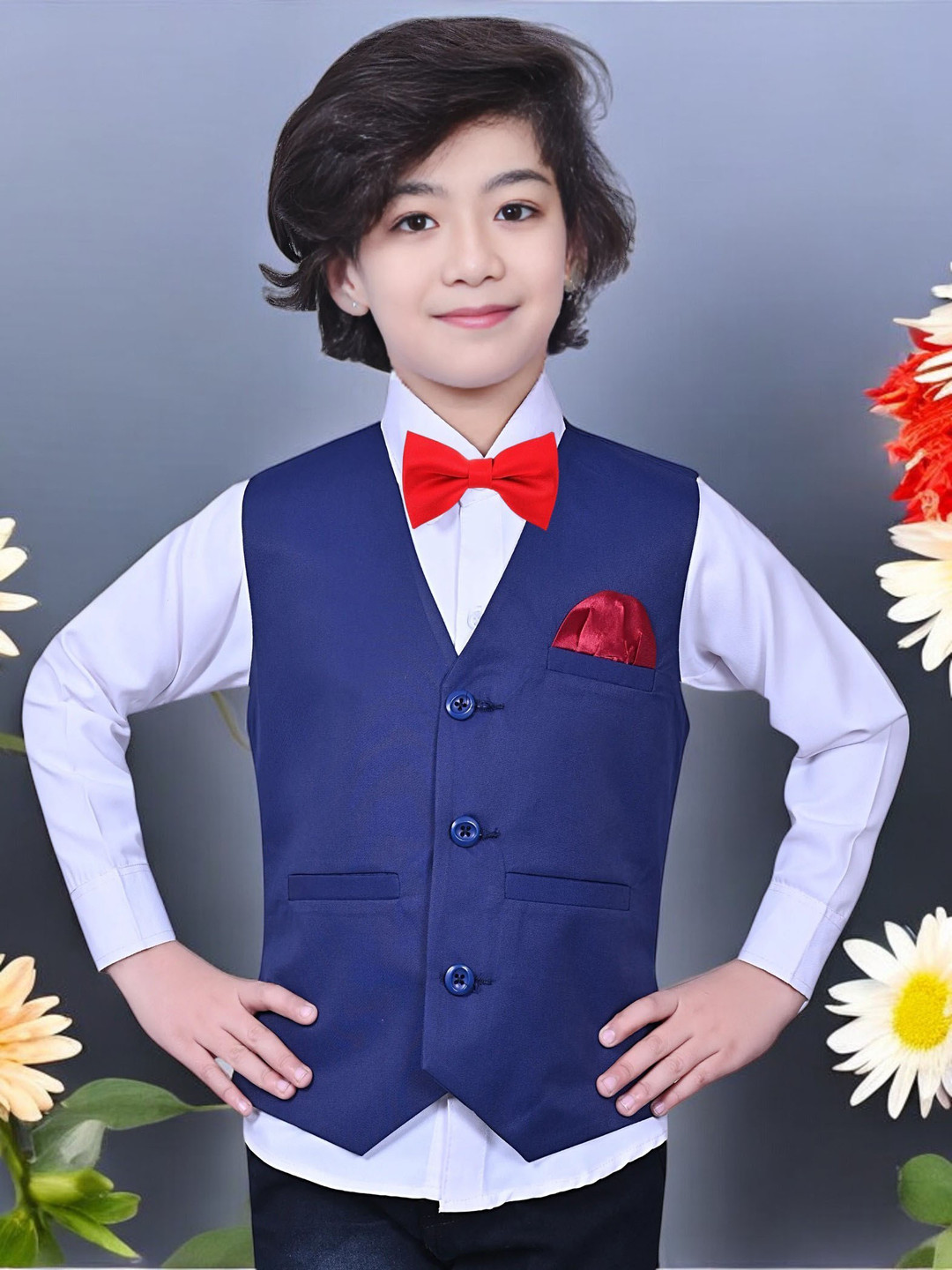 Eliq Boys V-Neck Sleeveless Waistcoat With Shirt & Bow Tie