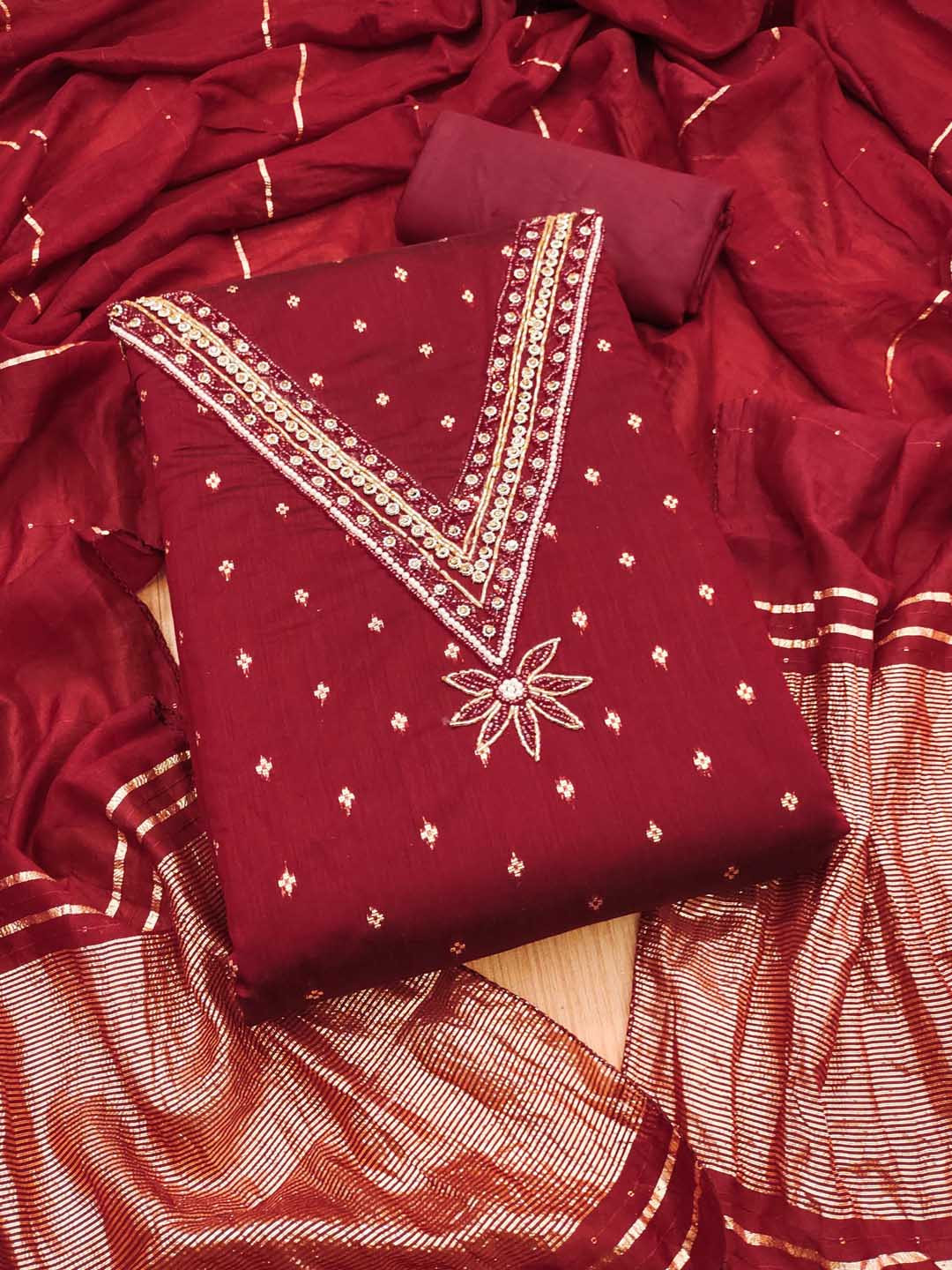 Panzora Floral Embellished Beaded Unstitched Dress Material