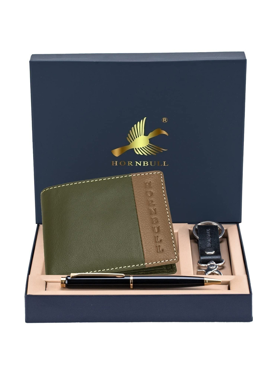 Hornbull Men Taylor Olive-Mud Leather Wallet, Keyring & Pen Combo Accessory Gift Set