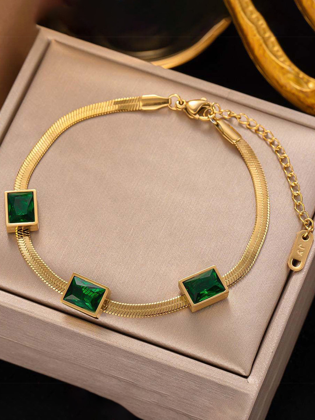 GOLDIWALA Gold-Plated Stainless Steel Stone Studded Flat Snake Chain Wraparound Bracelet