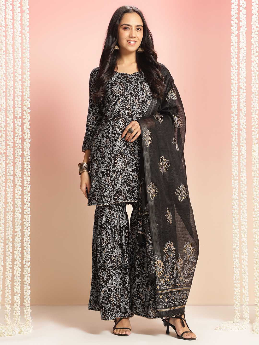 Anni Designer Women Floral Printed Regular Kurta with Sharara & With Dupatta